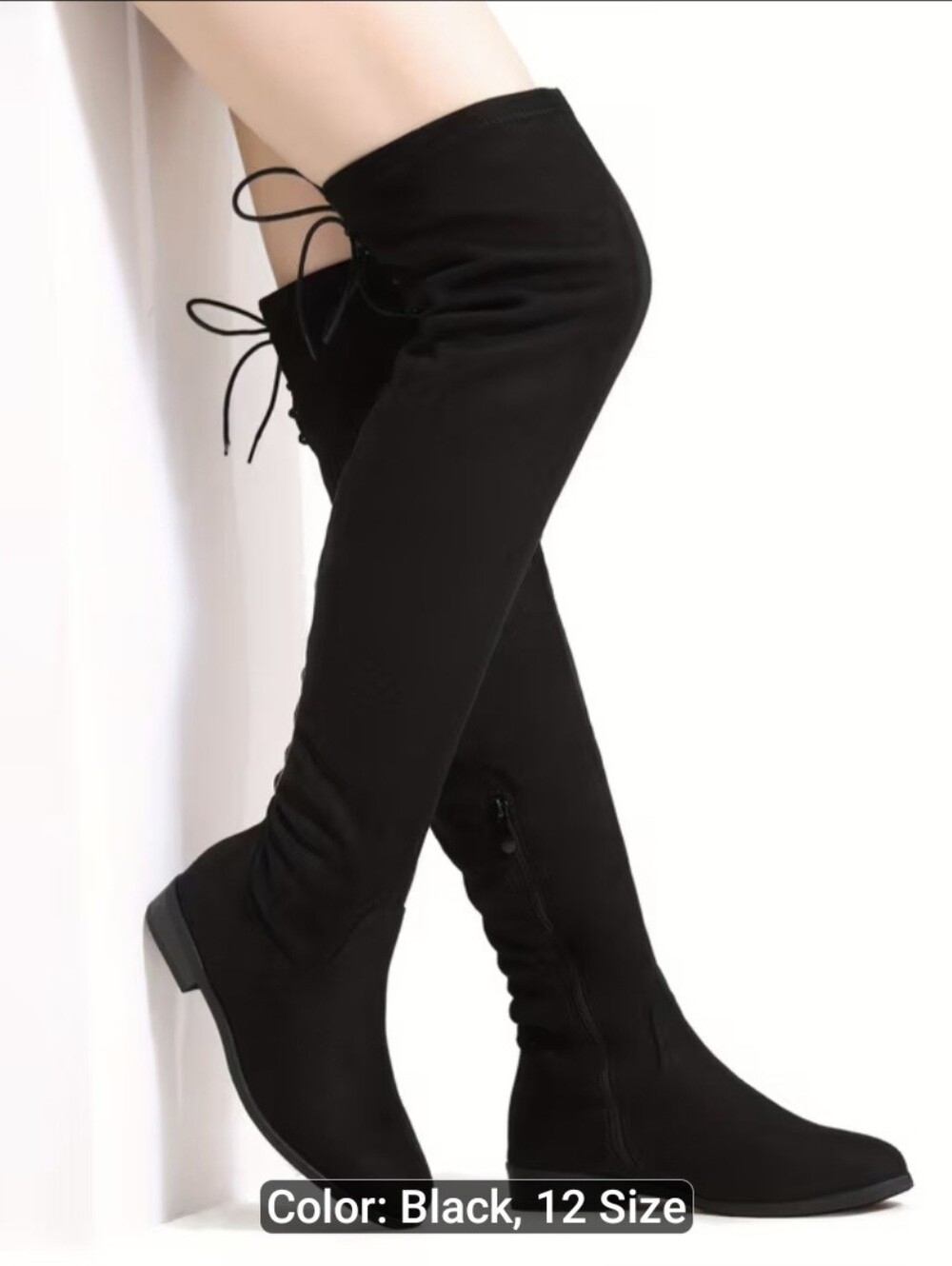 Black Over-The-Knee Tie-Back Flat Boots - Women's